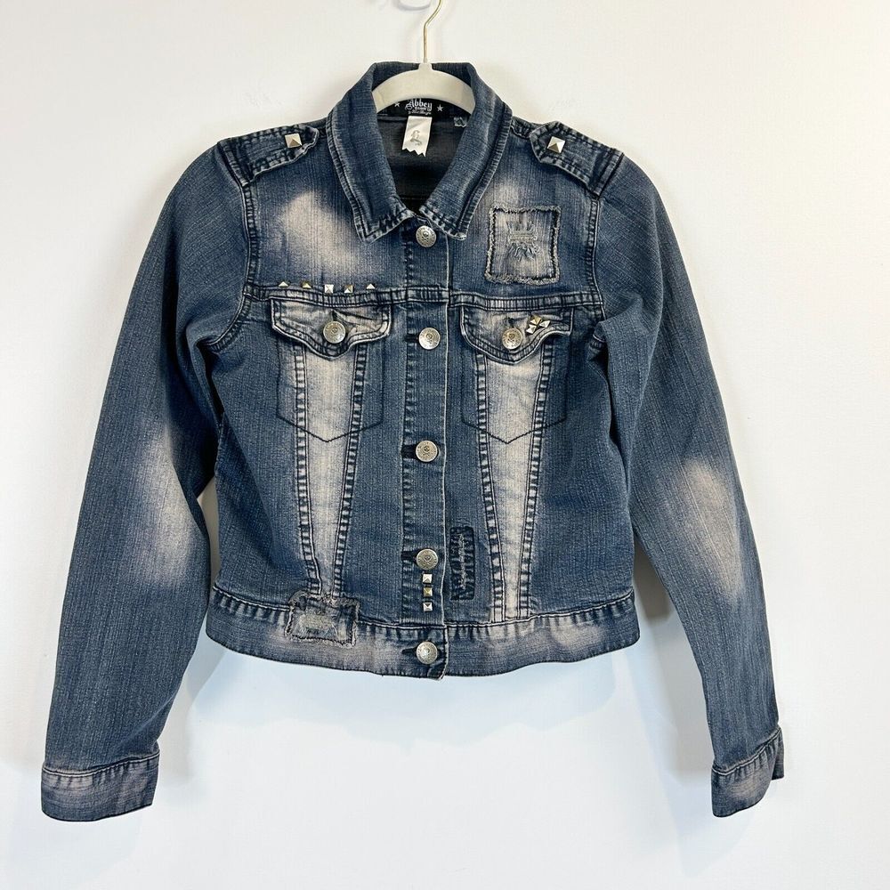 Avril‎ Lavigne Abbey Dawn Jean Jacket Womens XS Denim Studded Pop Punk Moto Y2k